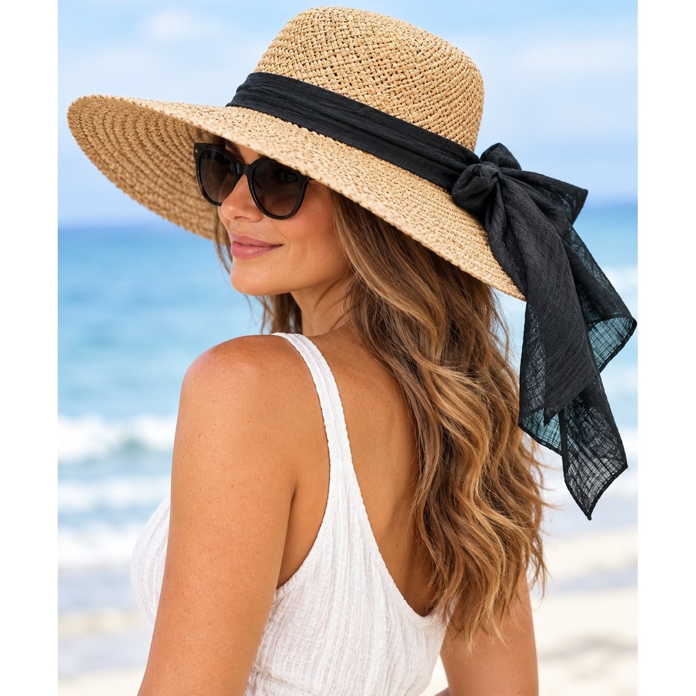 Raffia Straw Wide Brim Sun Hat Black Scarf Bow Beach Resort Cottagecore  Boho